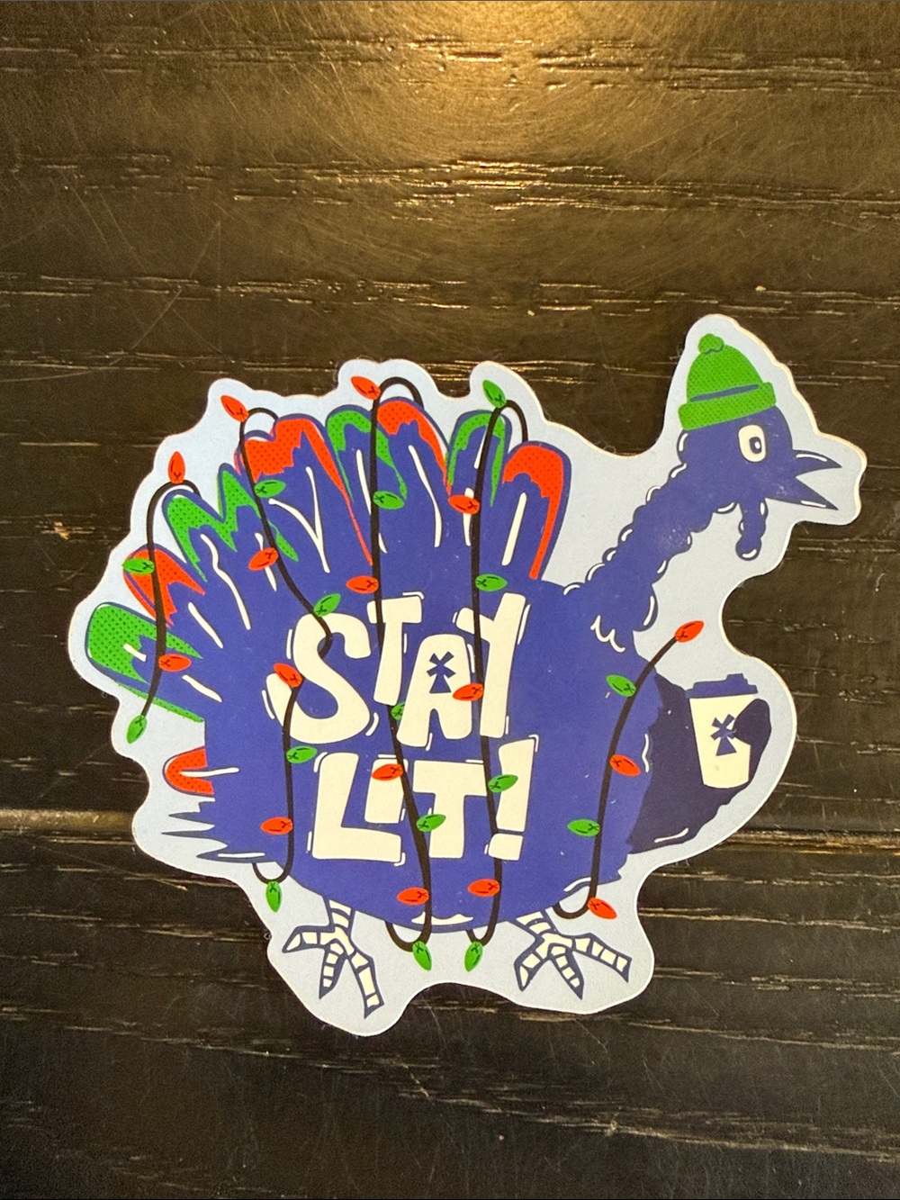 Dutch Bros Blue Turkey Sticker with Holiday Lights - Stay Lit